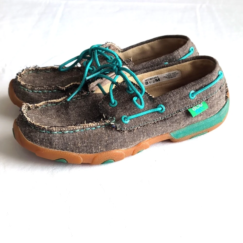 Twisted X Canvas Loafers Driving Lace Up Boat Shoes Slip Resistant Women's 8.5